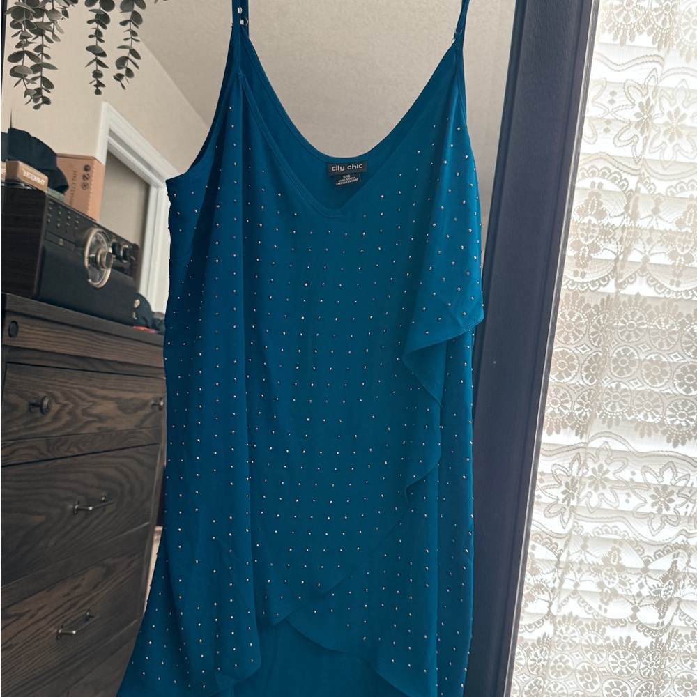 City Chic Teal tunic top with Rhinestone Accents